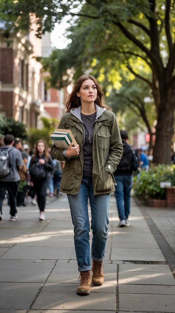  Utility Jacket with Layers and Straight Jeans