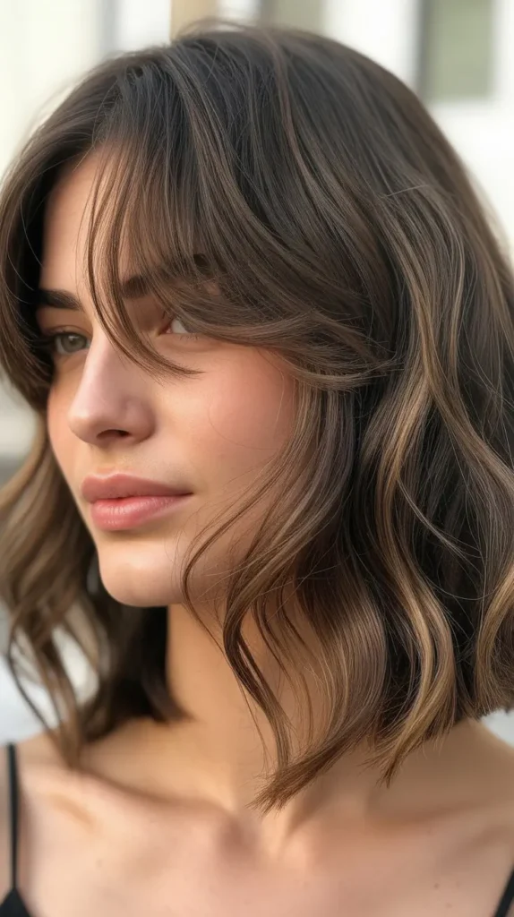 Textured Long Bob with Curtain Bangs and Beach Waves