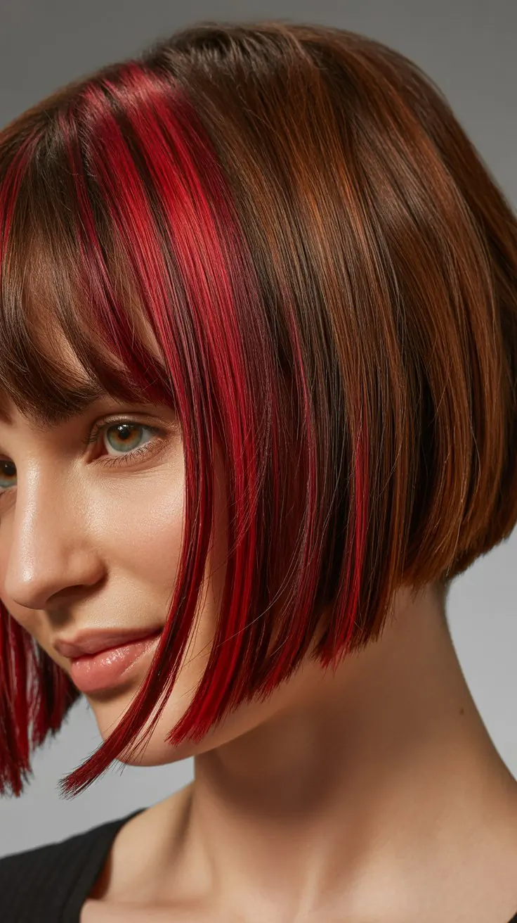 Angled Bob with Curtain Bangs and Red Highlights