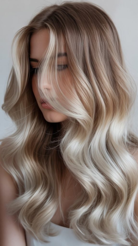11. Pearl Blonde Balayage with Ash Brown Roots