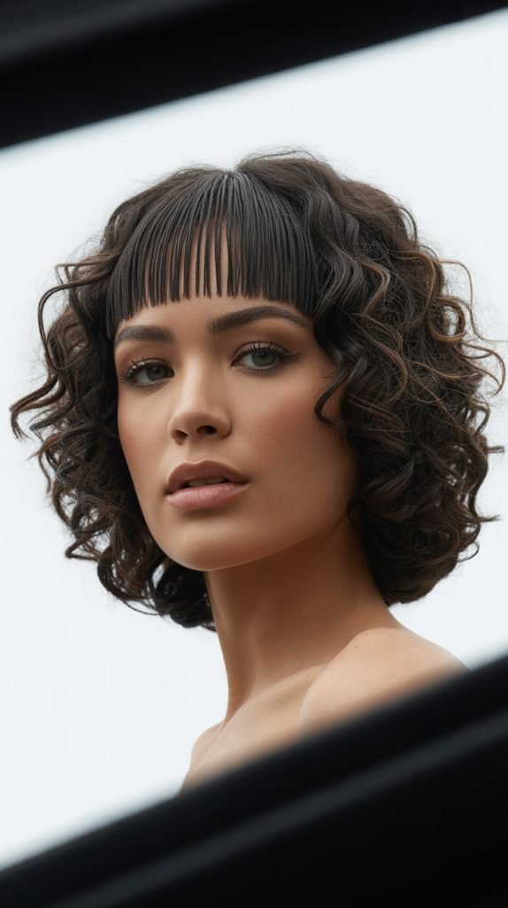 Curly Bob with Blunt Curtain Bangs