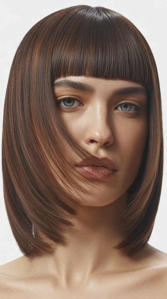  Long Bob with Curtain Bangs and Pin-Straight Styling
