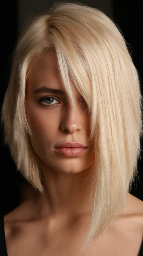 Textured Angled Long Bob with Wispy Curtain Bangs