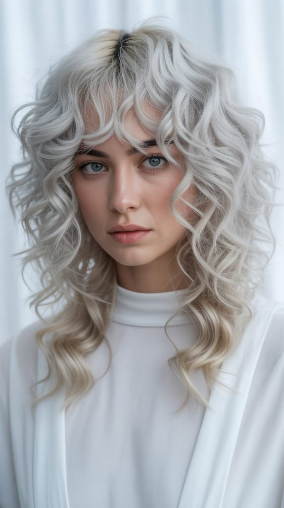 Platinum Blonde Curly Bob with Curtain Bangs