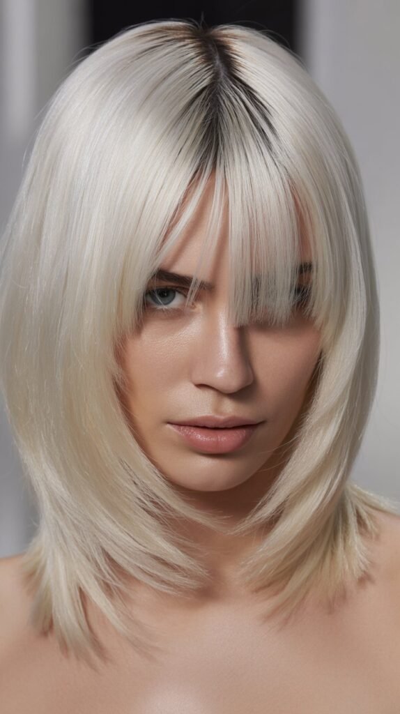 Long Bob with Side Part and Curtain Bangs in Platinum Blonde