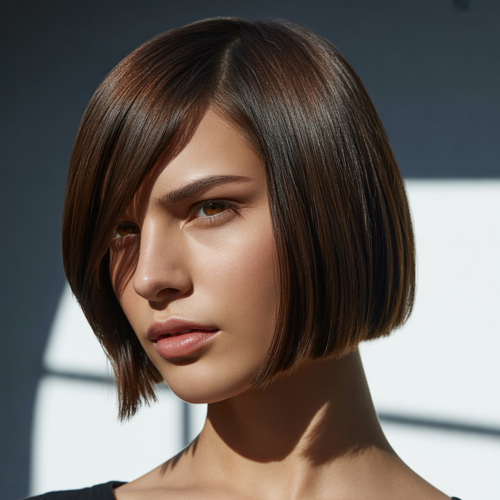 6. Asymmetrical Long Bob with Side-Swept Curtain Bangs