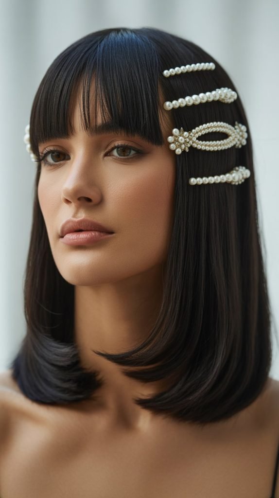 21. Sleek Long Bob with Curtain Bangs and Pearl Accessories
