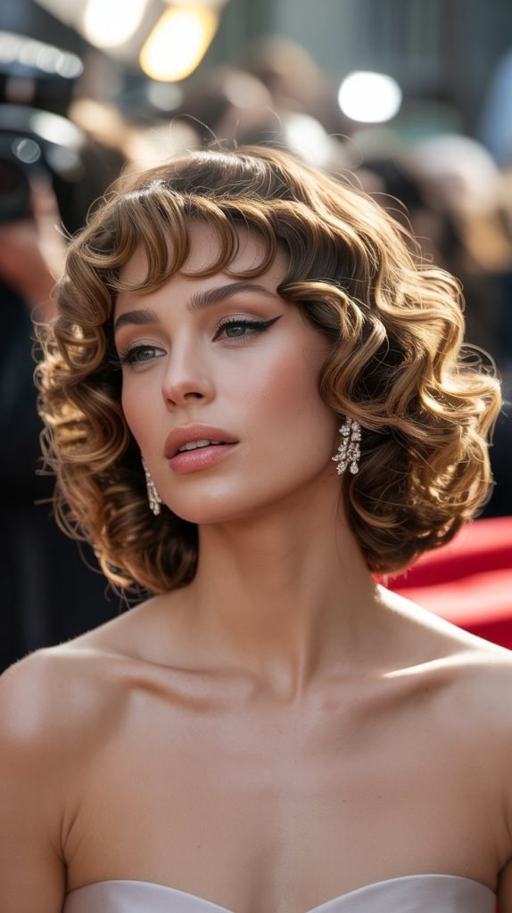 Celebrity-Inspired Curly Bob with Curtain Bangs