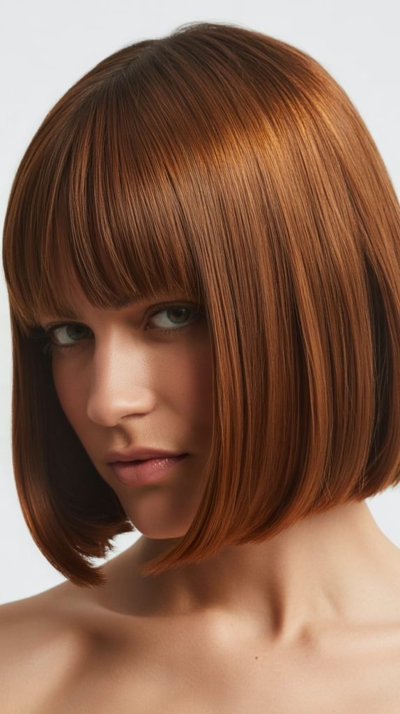 23. Sleek Long Bob with Curtain Bangs and Glass Hair Finish