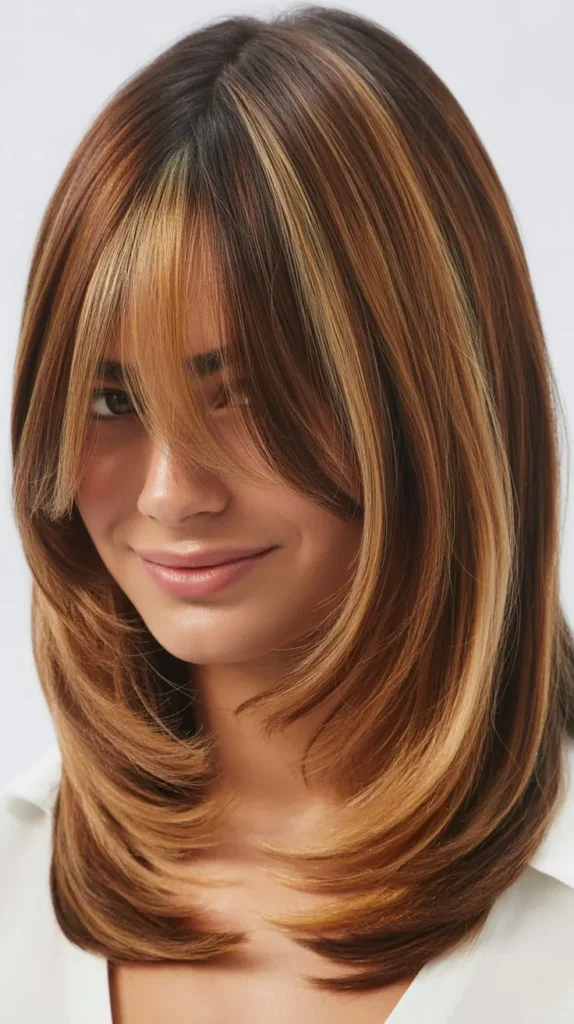  Balayage Long Bob with Dimensional Curtain Bangs