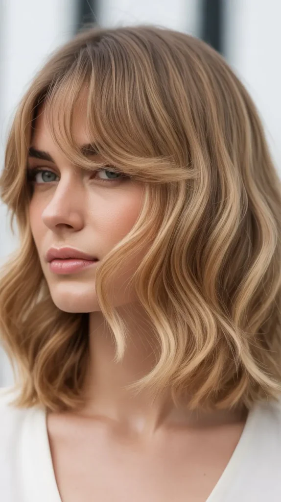  Wavy Long Bob with Feathered Curtain Bangs