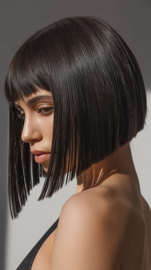 A-Line Long Bob with Angled Curtain Bangs