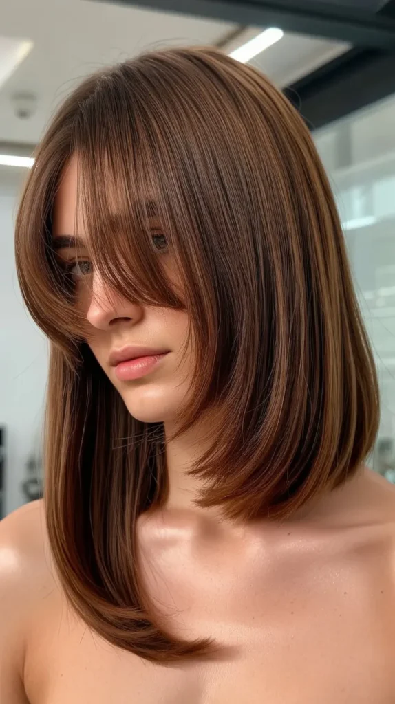 Asymmetrical Long Bob with Side-Parted Curtain Bangs