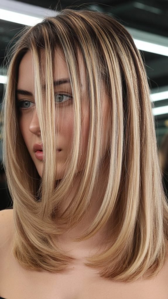  Long Bob with Curtain Bangs and Highlights