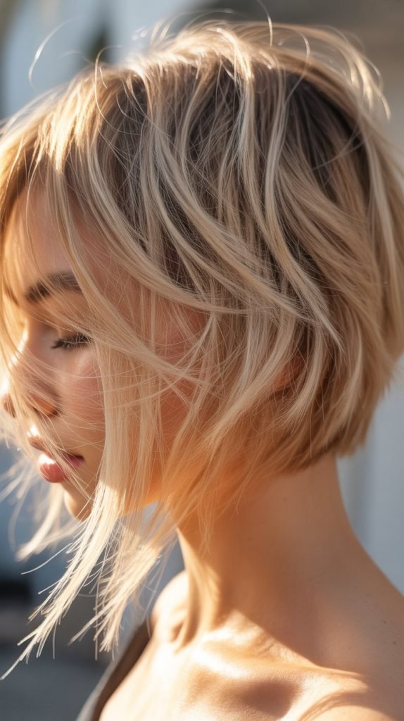 Textured Blonde Balayage Bob with Razored Ends