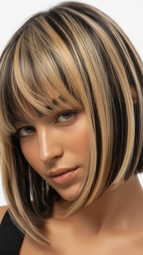 28. Inverted Bob with Curtain Bangs and Money Pieces