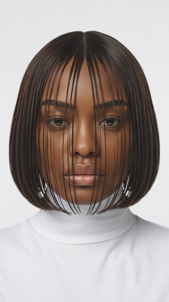Straight Long Bob with Middle-Parted Curtain Bangs