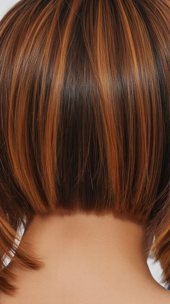 Caramel Highlights on Layered Brown Hair with Blunt Ends
