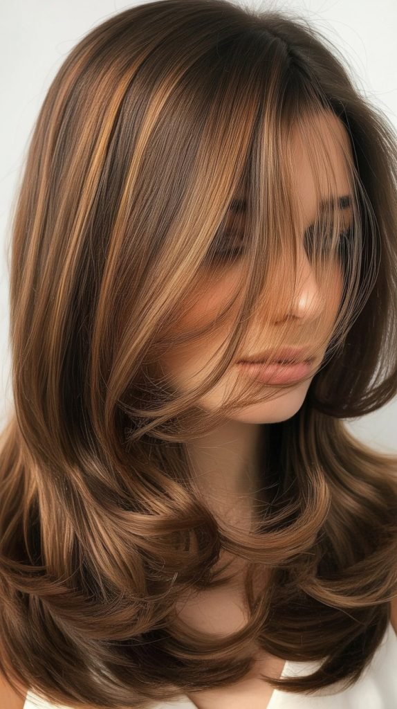 Caramel Highlights with Invisible Layers on Brown Hair