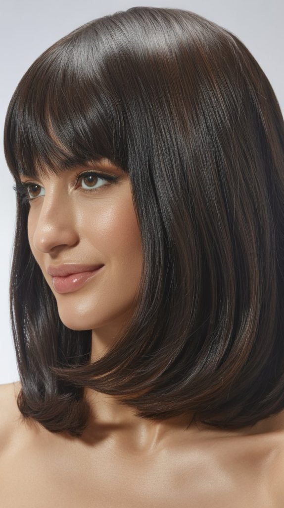25. Polished Long Bob with Curtain Bangs and Shine