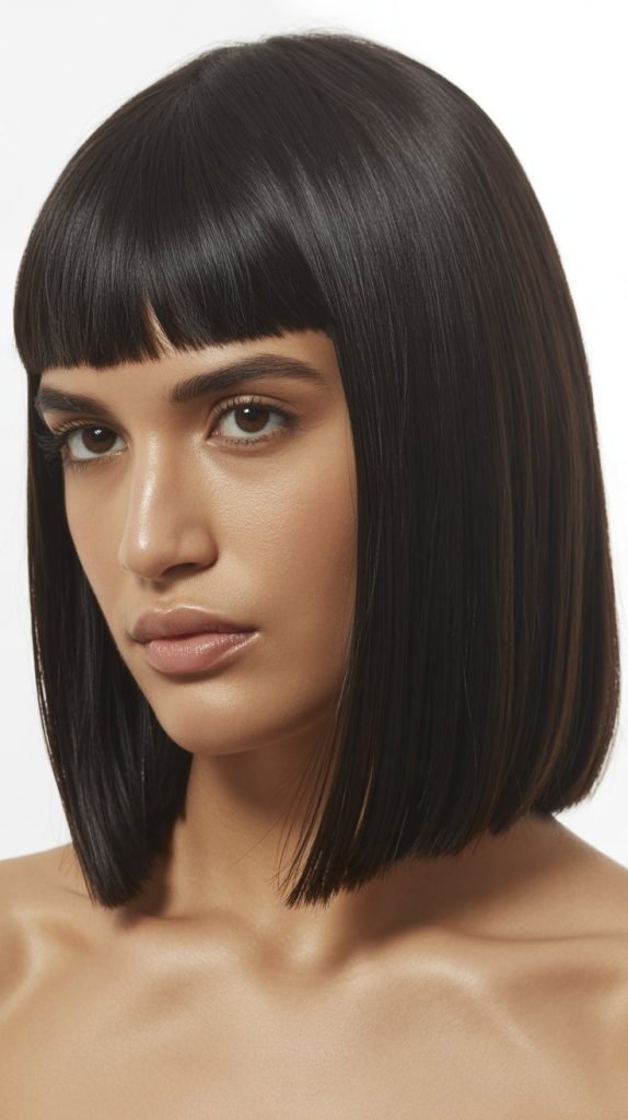 Sleek Straight Long Bob with Blunt Curtain Bangs