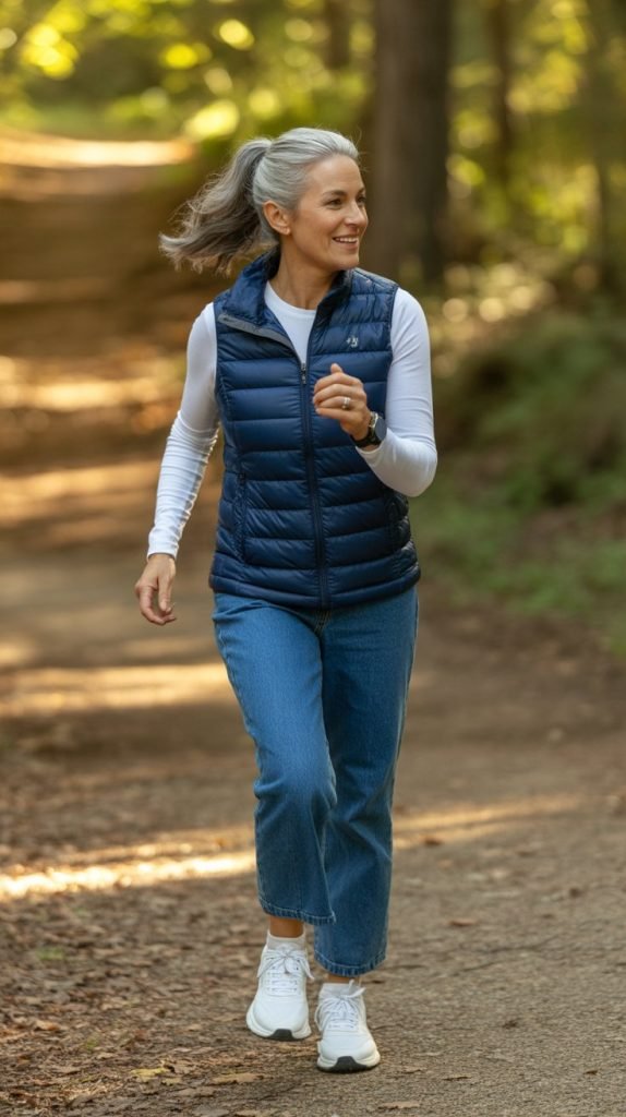 17. Puffer Vest with Long-Sleeve Tee and Jeans