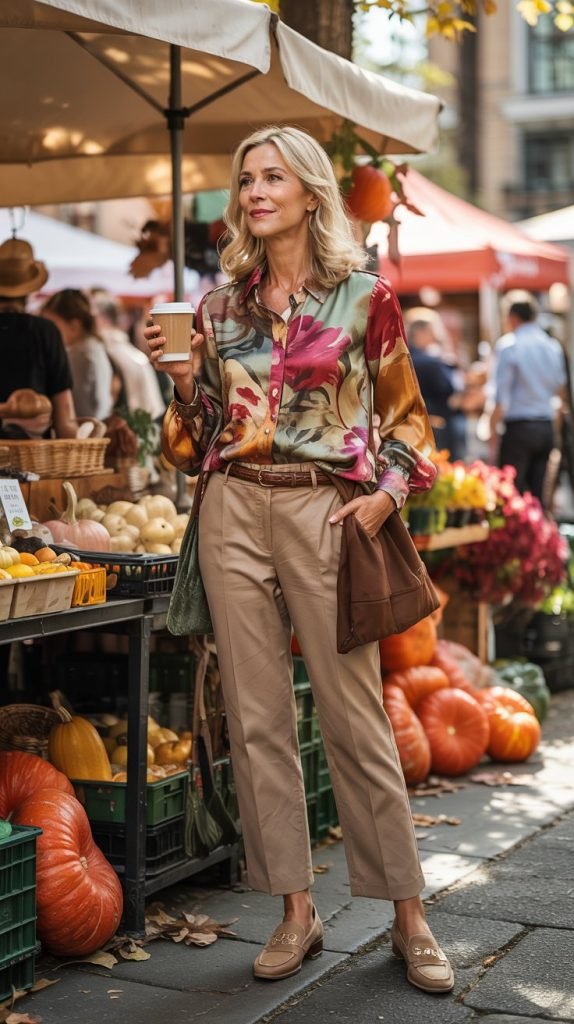 . Printed Blouse with Straight-Leg Khakis
