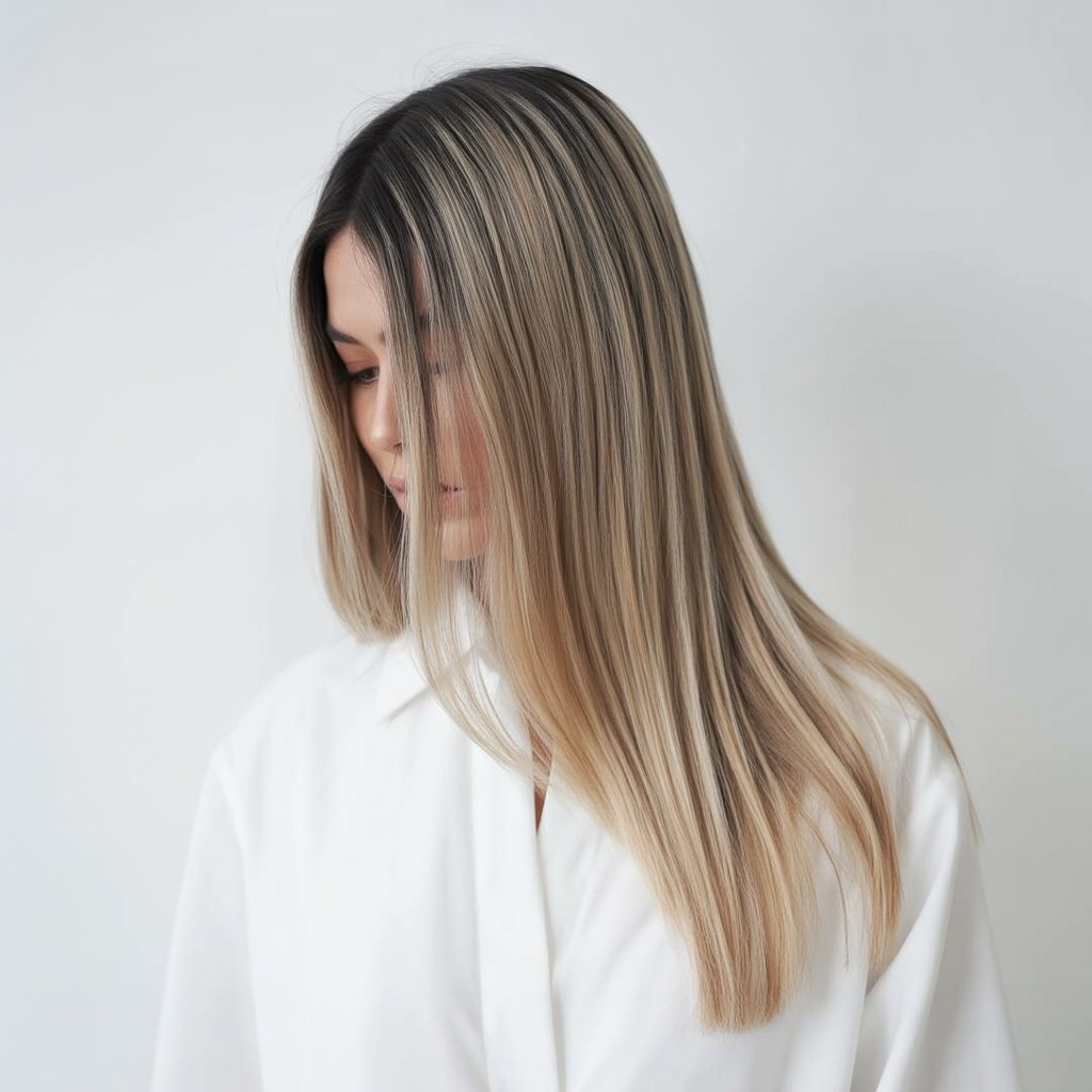 20. Nude Blonde Balayage with Soft Black Roots