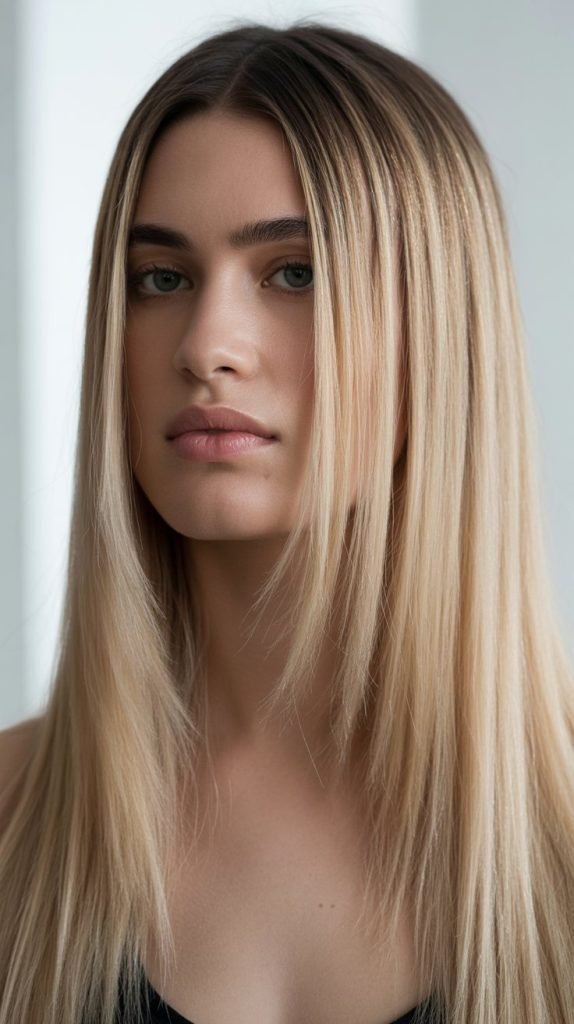 9. Beige Blonde Balayage with Natural Black Roots