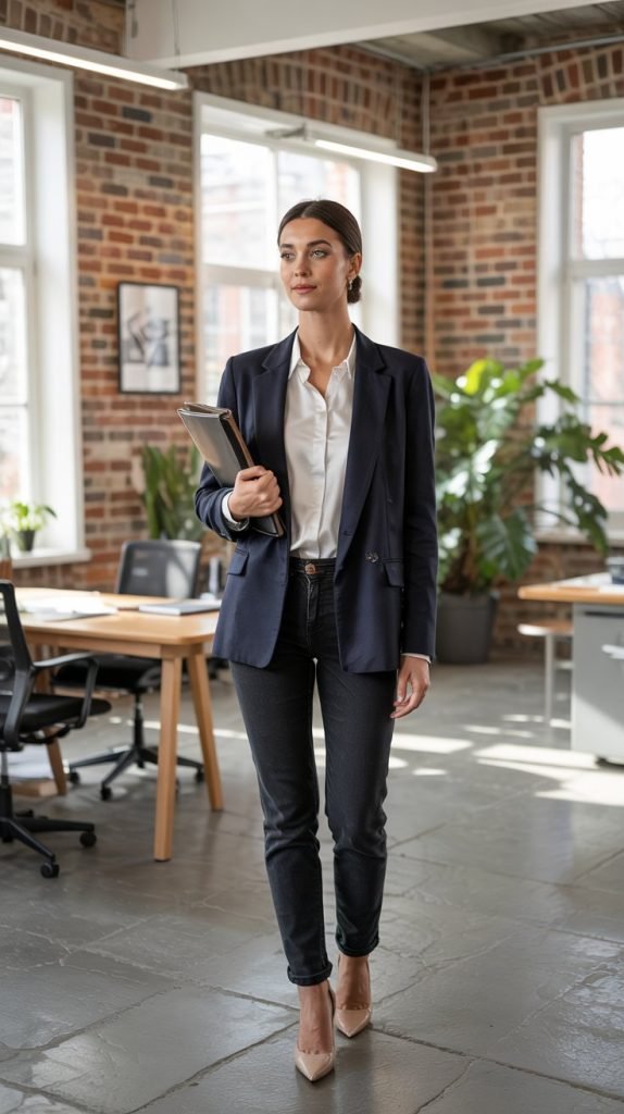 Wool Blazer with Slim Jeans and Heels