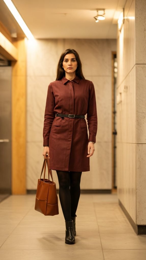  Structured Shirtdress with Tights and Boots