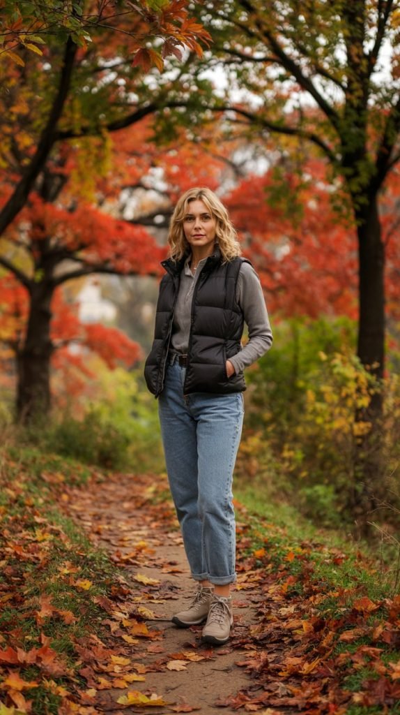 Puffer Vest Over Jeans and Tee