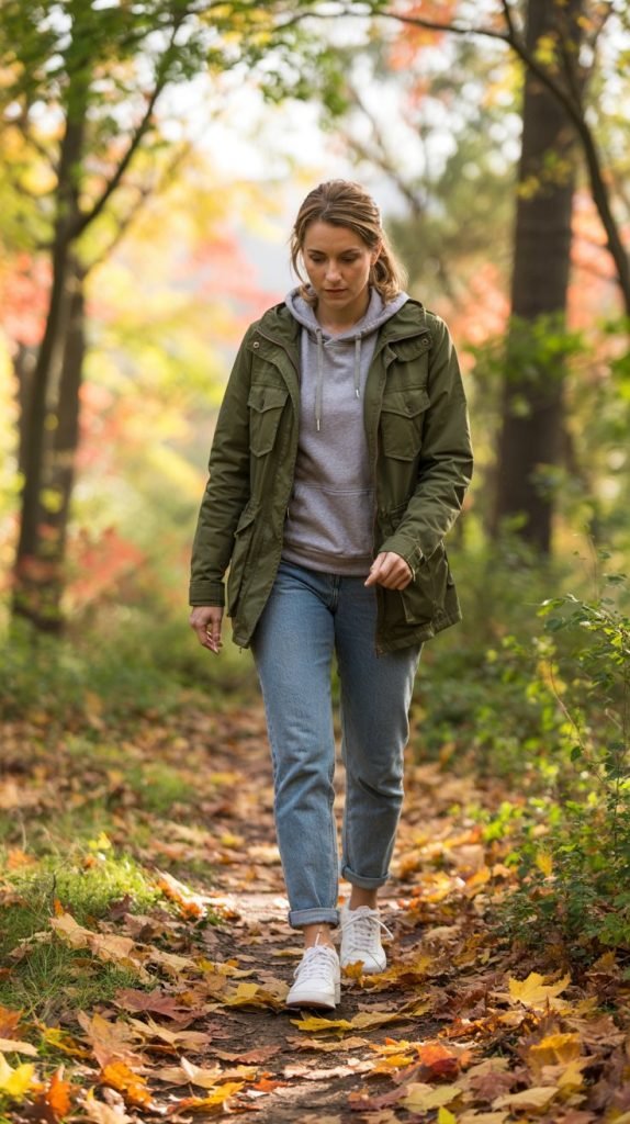 Utility Jacket with Hoodie and Jeans
