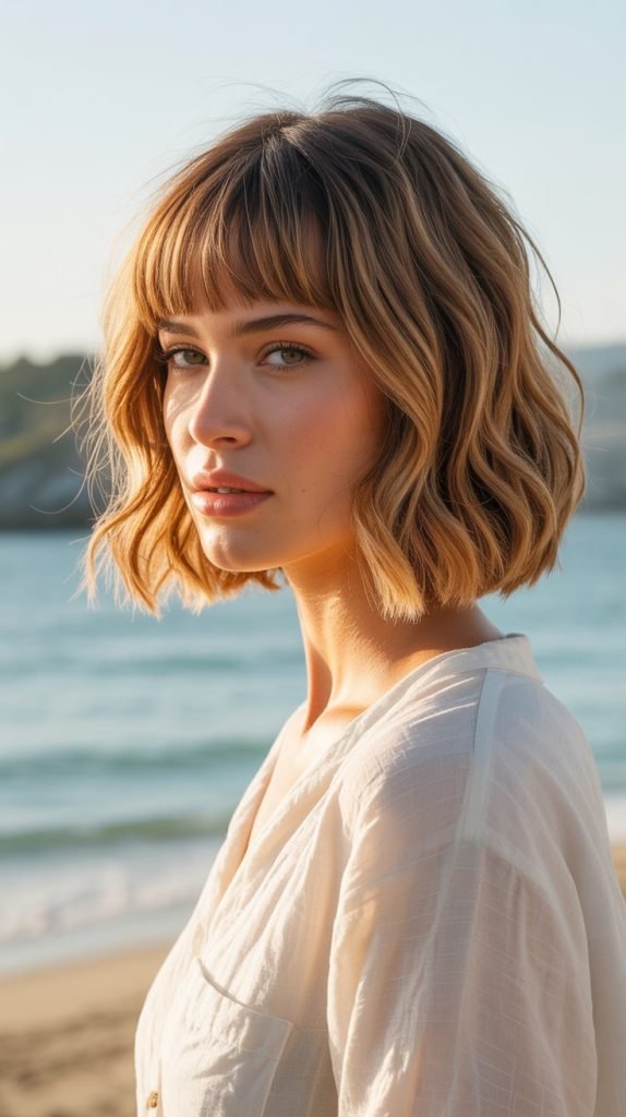 18. Long Bob with Curtain Bangs and Beach Waves