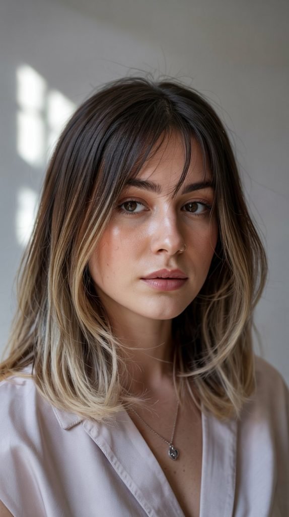 Chocolate Brown Long Bob with Caramel Curtain Bangs