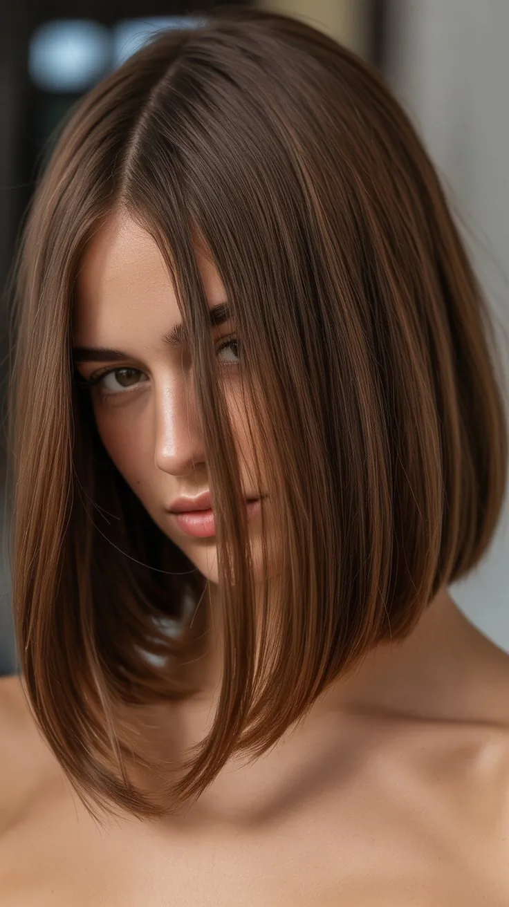 Long Bob with Side Part and Curtain Bangs Tucked Behind Ear