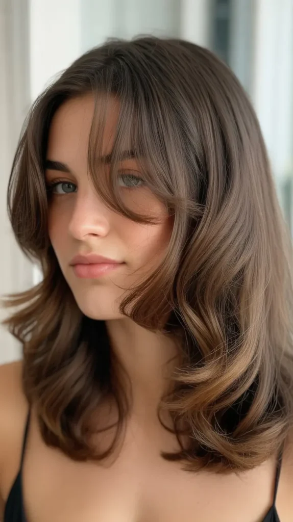 Long Bob with Side Part and Curtain Bangs Styled with Beach Waves
