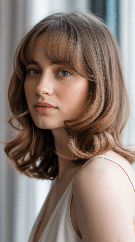 Romantic Long Bob with Soft Curtain Bangs and Face-Framing Layers
