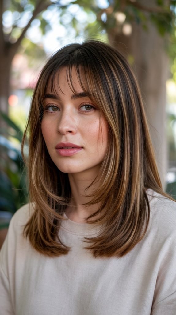 Lob with Long Curtain Bangs Blending into Layers