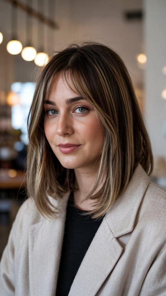  Lob with Curtain Bangs and Root Shadow