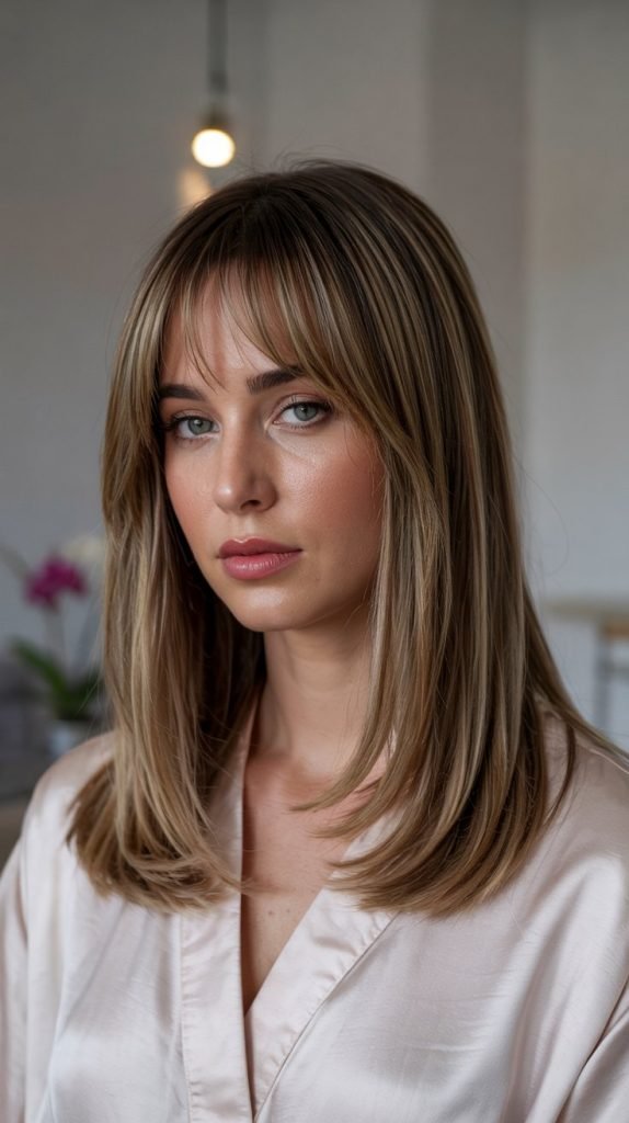 29. Lob with Curtain Bangs and Feathered Ends