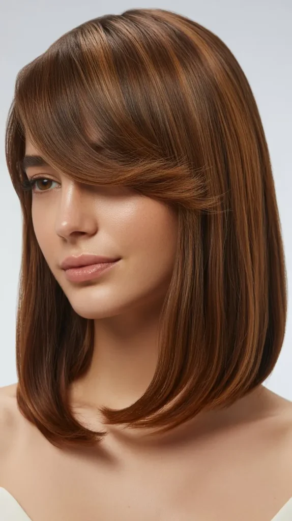 Classic Side-Parted Long Bob with Soft Curtain Bangs