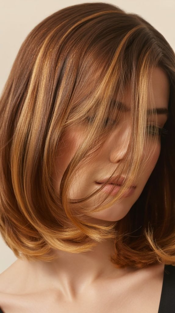 22. Soft Layered Long Bob with Ribbon Highlights