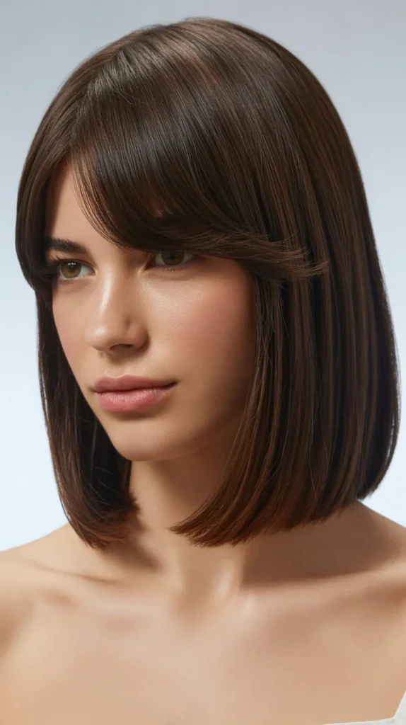 Long Bob with Side Part and Curtain Bangs for Heart-Shaped Faces