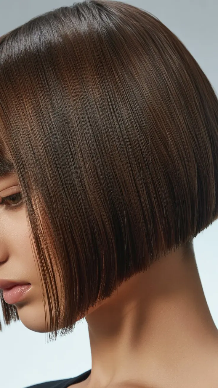 Angled Bob with Curtain Bangs Styled Sleek and Straight