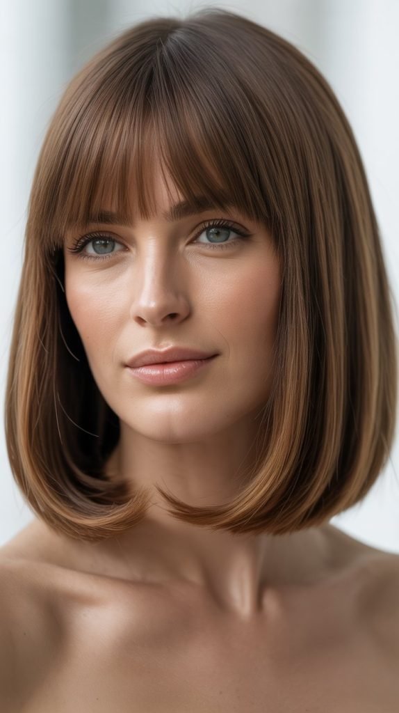 26. Long Bob with Curtain Bangs and Rounded Ends