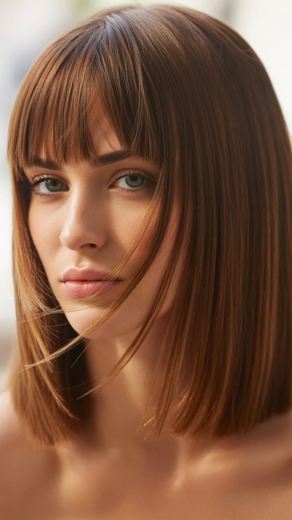 13. Sleek Long Bob with Feathered Curtain Bangs