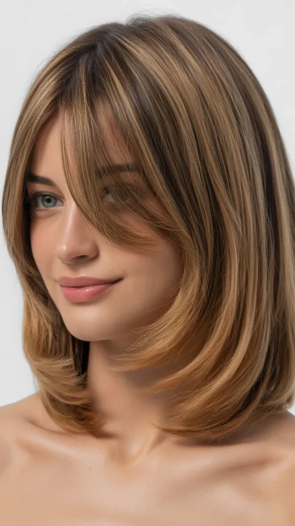Long Bob with Side Part, Curtain Bangs, and Face-Framing Layers