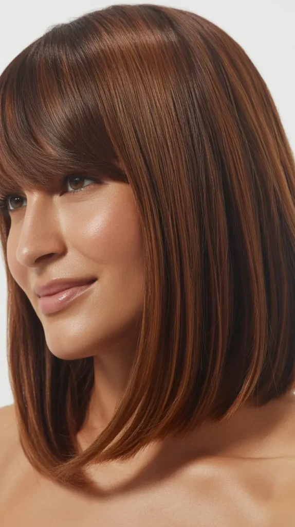 Long Bob with Side Part and Curtain Bangs in Rich Brunette
