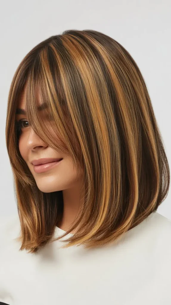  Long Bob with Curtain Bangs and Peek-A-Boo Highlights